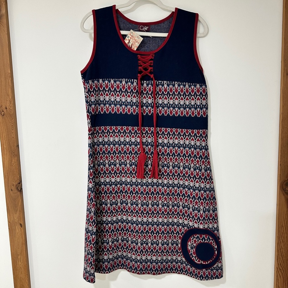 Coline Geometric Print Sleeveless Dress Womens XL Navy Red Lace Up | Boho Mod